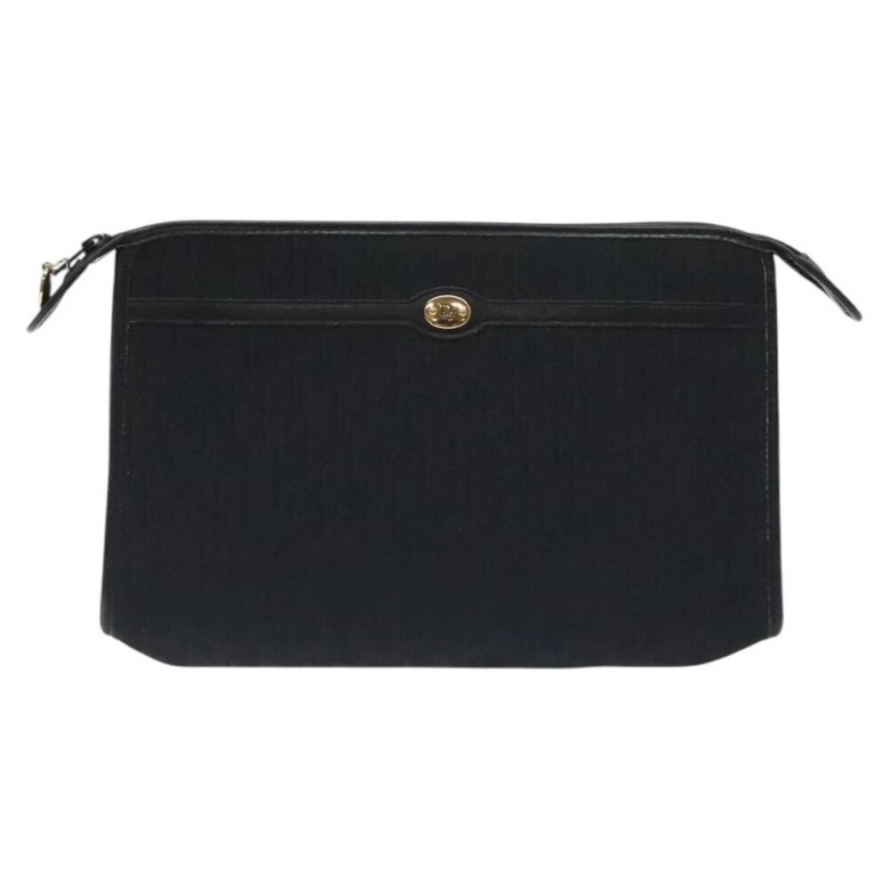 Christian Dior Trotter Canvas Clutch Bag Black Gold Auth 129106